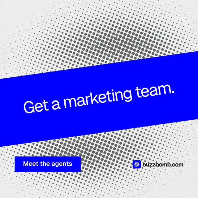 Instagram post for BuzzBomb: "Get a marketing team." Swiss style, diagonal layout, light palette in blue, white.