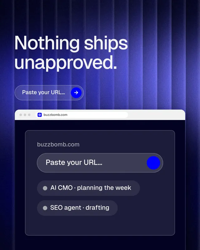 Instagram portrait post for BuzzBomb: "Nothing ships unapproved." Agentic glass style, browser layout, dark palette in blue, black.