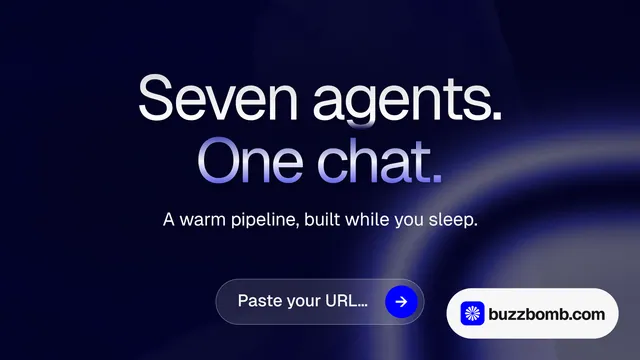 Landscape graphic for BuzzBomb: "Seven agents. One chat." Agentic glass style, centred layout, dark palette in black, blue, grey.