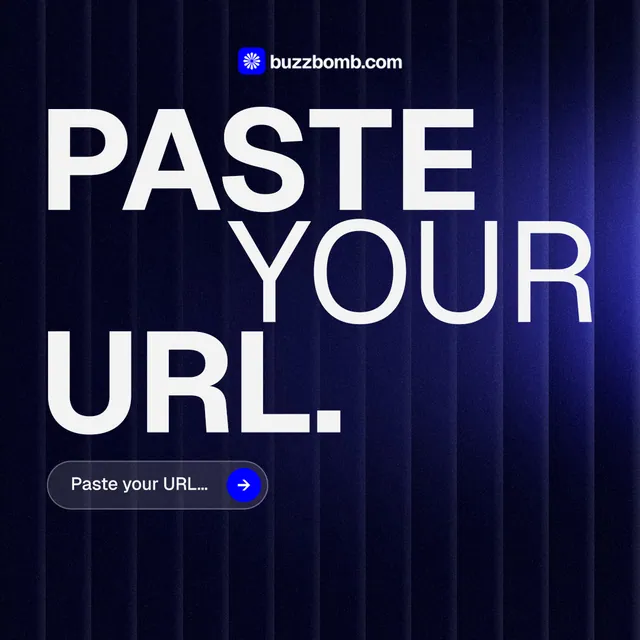 Instagram post for BuzzBomb: "Paste your URL." Agentic glass style, stacked layout, dark palette in black, blue, white.