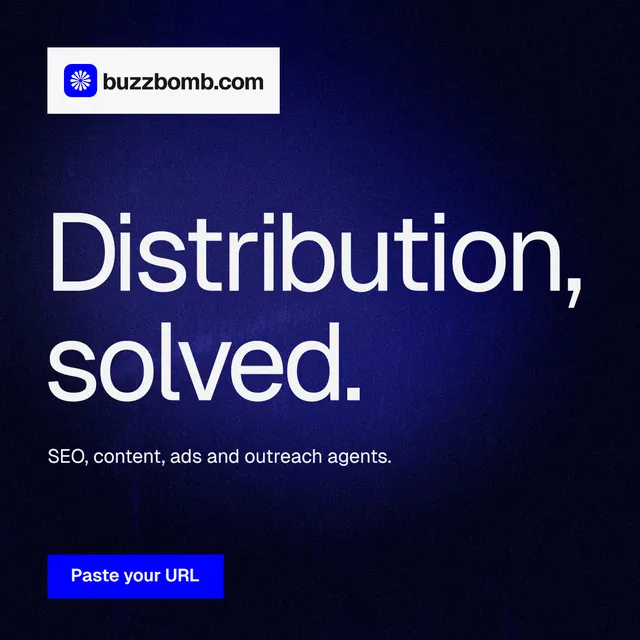 Instagram post for BuzzBomb: "Distribution, solved." Swiss style, announce layout, dark palette in black, blue, grey.