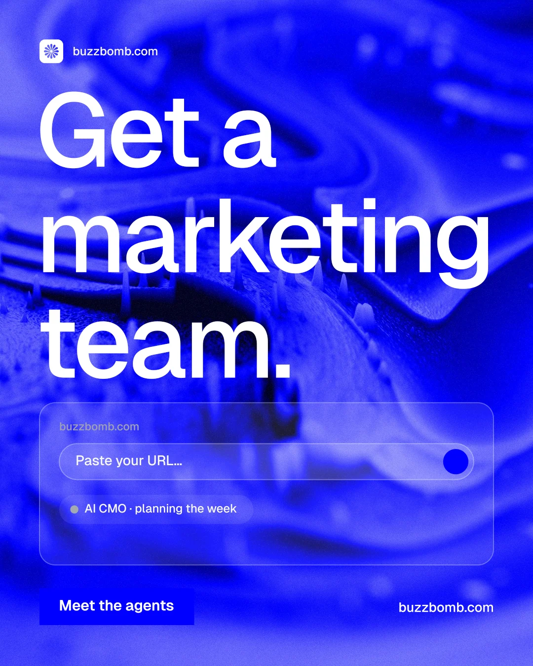 Instagram portrait post for BuzzBomb: "Get a marketing team." Swiss style, poster layout, dark palette in blue.
