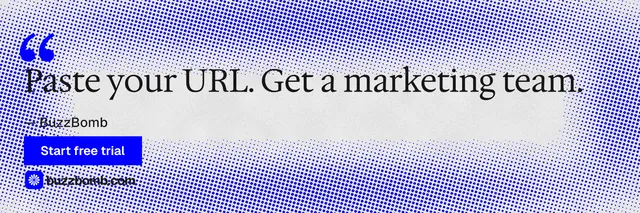 X header for BuzzBomb: "Paste your URL." Swiss style, quote layout, light palette in white, blue.