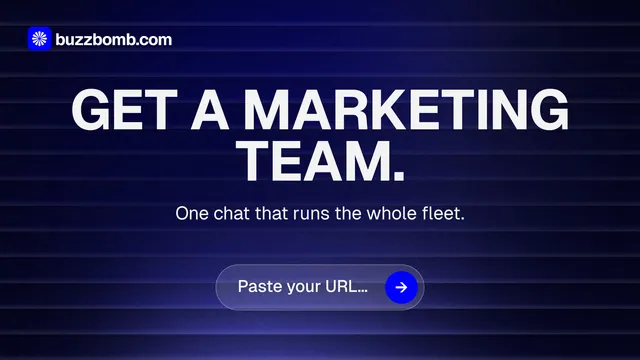 Landscape graphic for BuzzBomb: "Get a marketing team." Agentic glass style, centred layout, dark palette in blue, black.