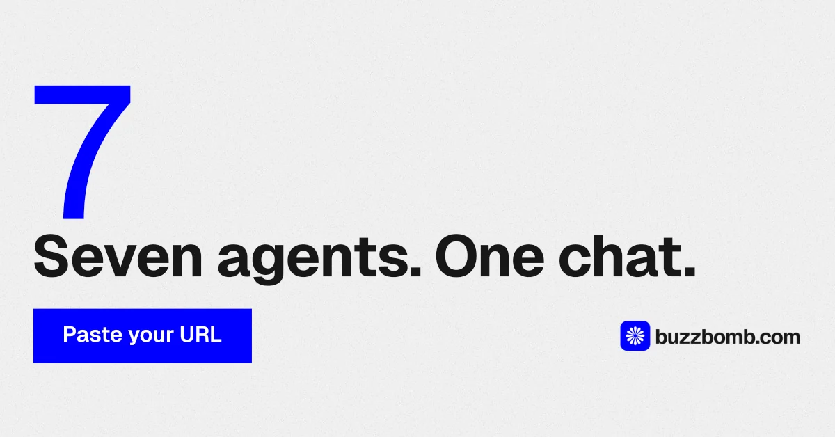 Social ad for BuzzBomb: "One launch. A week of posts." Swiss style, stat layout, light palette in white, blue.