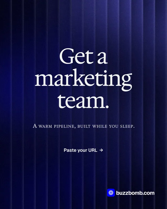 Instagram portrait post for BuzzBomb: "Get a marketing team." Agentic glass style, smallcaps layout, dark palette in blue, black.