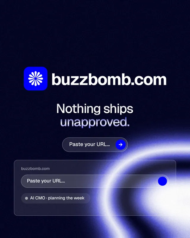 Instagram portrait post for BuzzBomb: "Nothing ships unapproved." Agentic glass style, logo hero layout, dark palette in black, blue.