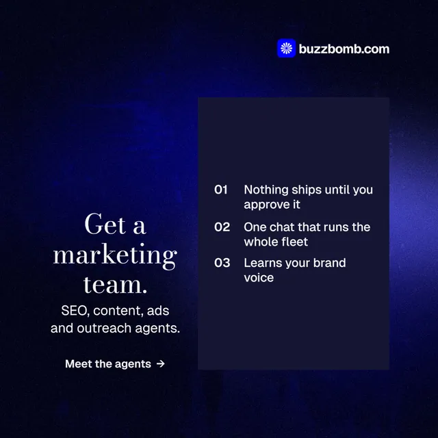 Instagram post for BuzzBomb: "Get a marketing team." Minimal luxury style, skeleton layout, dark palette in black, blue.