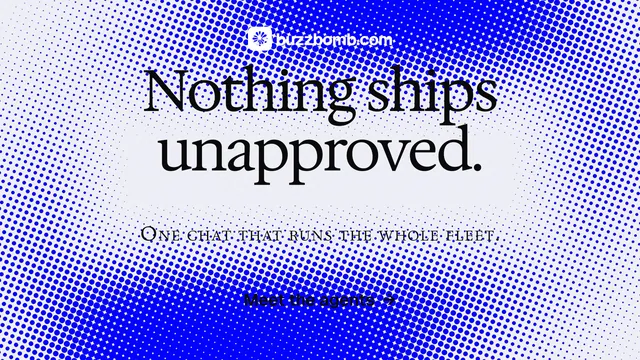 Landscape graphic for BuzzBomb: "Nothing ships unapproved." Swiss style, smallcaps layout, light palette in blue, white.