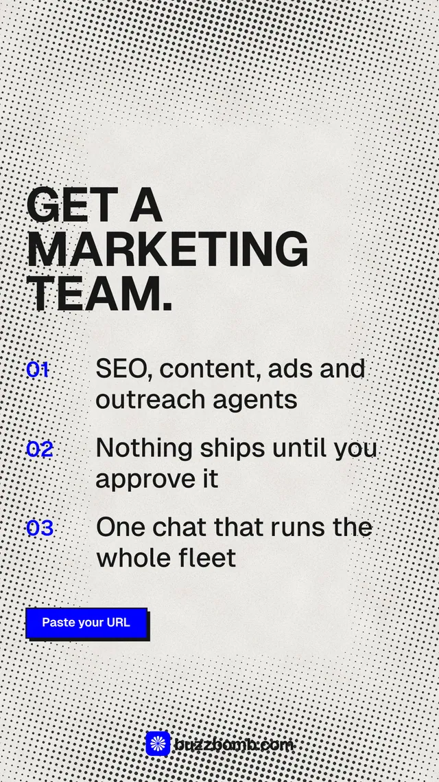 Instagram story for BuzzBomb: "Get a marketing team." Brutalist style, numbered layout, light palette in white, grey.