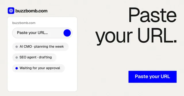 Social ad for BuzzBomb: "Paste your URL." Swiss style, right layout, light palette in white, blue.