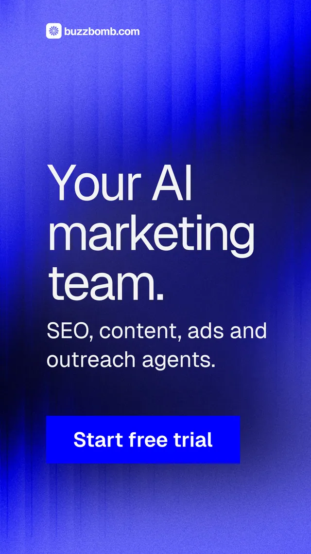 Instagram story for BuzzBomb: "Your AI marketing team." Swiss style, skeleton layout, dark palette in blue.