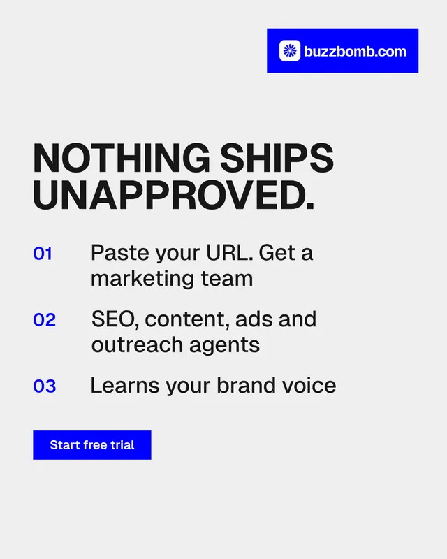 Instagram portrait post for BuzzBomb: "Nothing ships unapproved." Swiss style, numbered layout, light palette in white, blue.
