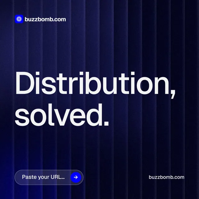 Instagram post for BuzzBomb: "Distribution, solved." Agentic glass style, poster layout, dark palette in black, blue, grey.