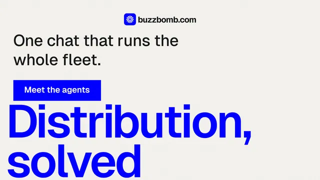 Landscape graphic for BuzzBomb: "Your AI marketing team." Swiss style, oversized layout, light palette in white, blue.