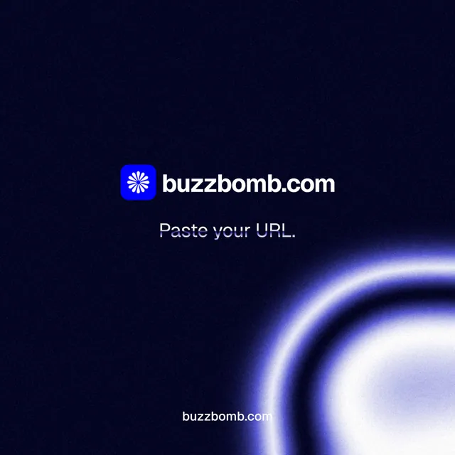 Instagram post for BuzzBomb: "Paste your URL." Agentic glass style, end card layout, dark palette in black, blue.