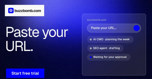 Social ad for BuzzBomb: "Paste your URL." Swiss style, bottom layout, dark palette in black, blue.