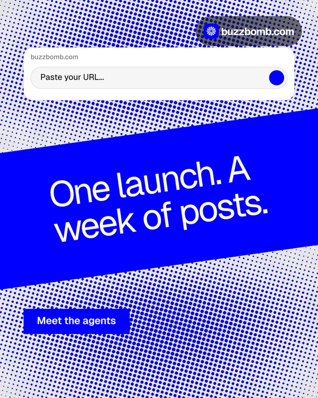 Instagram portrait post for BuzzBomb: "One launch. A week of posts." Swiss style, diagonal layout, light palette in blue, white.