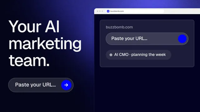Landscape graphic for BuzzBomb: "Your AI marketing team." Agentic glass style, browser layout, dark palette in blue, black.