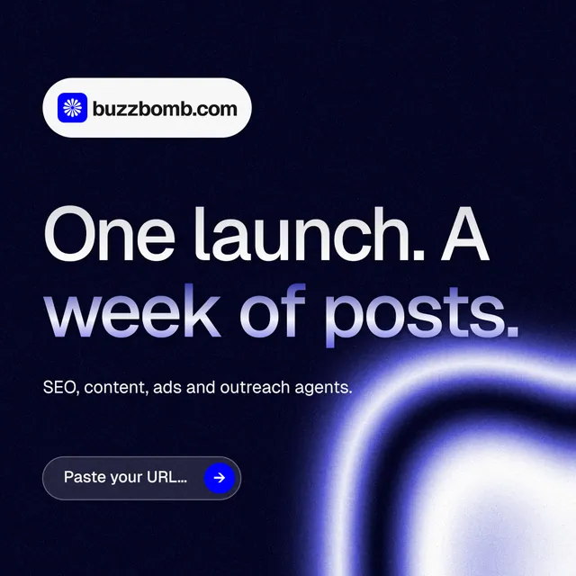 Instagram post for BuzzBomb: "One launch. A week of posts." Agentic glass style, announce layout, dark palette in black, blue.