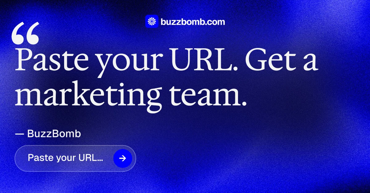 Social ad for BuzzBomb: "Paste your URL." Agentic glass style, quote layout, dark palette in blue.