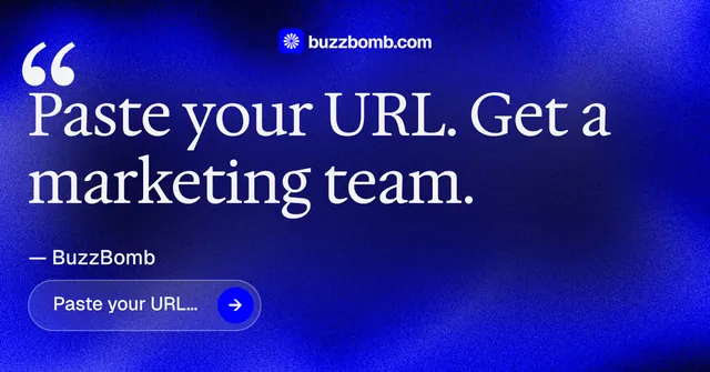 Social ad for BuzzBomb: "Paste your URL." Agentic glass style, quote layout, dark palette in blue.