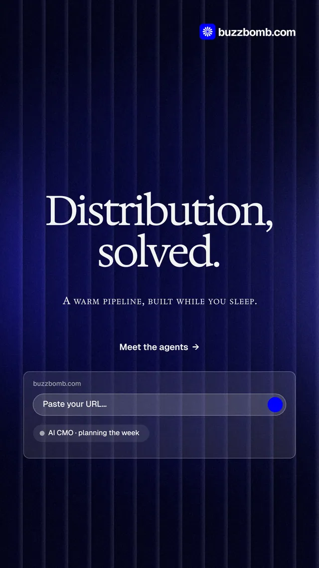 Instagram story for BuzzBomb: "Distribution, solved." Agentic glass style, smallcaps layout, dark palette in black, blue.