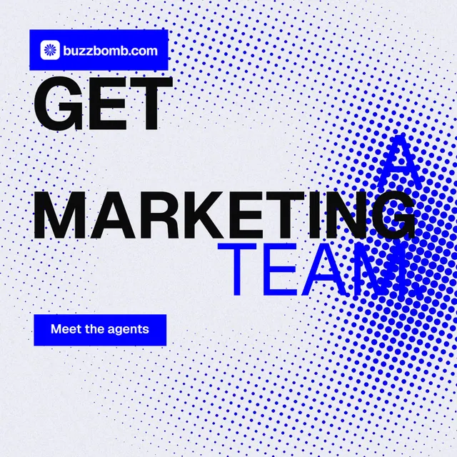 Instagram post for BuzzBomb: "Get a marketing team." Swiss style, stacked layout, light palette in blue, white.