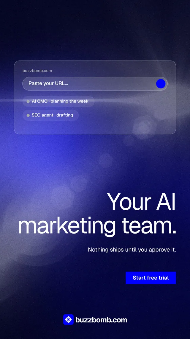 Instagram story for BuzzBomb: "Your AI marketing team." Swiss style, right layout, dark palette in black, blue.