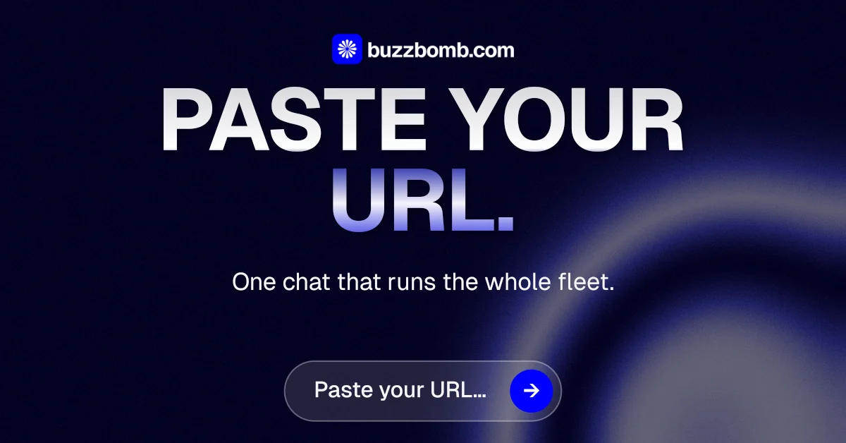Social ad for BuzzBomb: "Paste your URL." Agentic glass style, centred layout, dark palette in black, grey, blue.