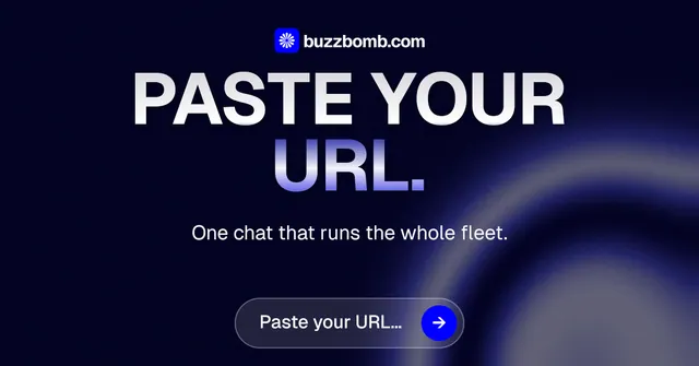 Social ad for BuzzBomb: "Paste your URL." Agentic glass style, centred layout, dark palette in black, grey, blue.