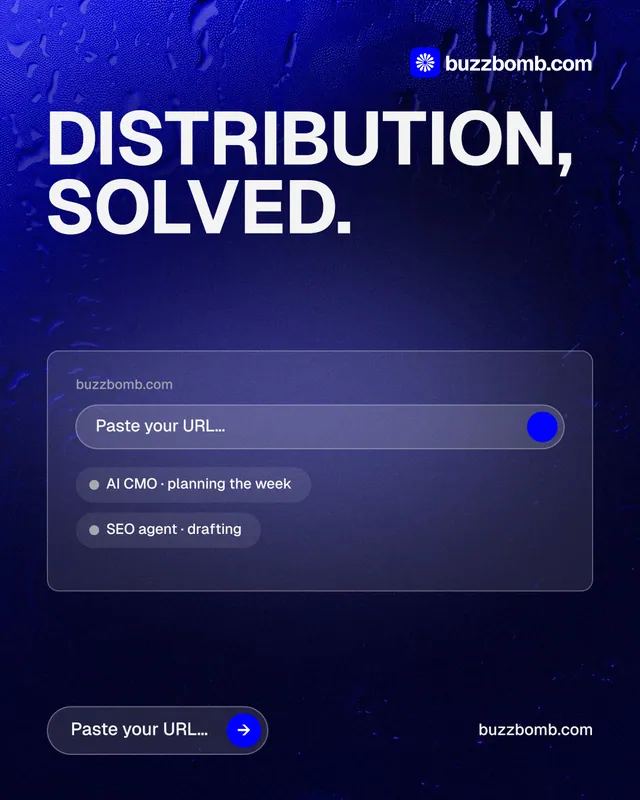 Instagram portrait post for BuzzBomb: "Distribution, solved." Agentic glass style, poster layout, dark palette in black, blue, grey.