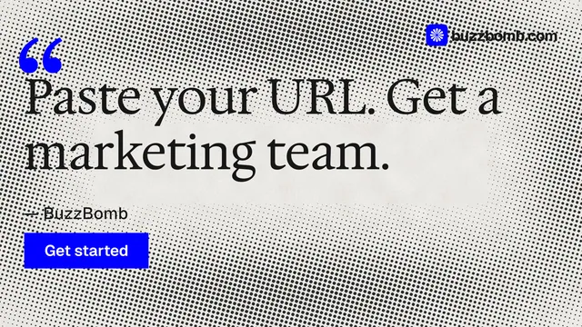 Landscape graphic for BuzzBomb: "Get a marketing team." Swiss style, quote layout, light palette in white, grey.