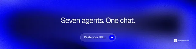 LinkedIn banner for BuzzBomb: "Seven agents. One chat." Agentic glass style, centred layout, dark palette in blue.