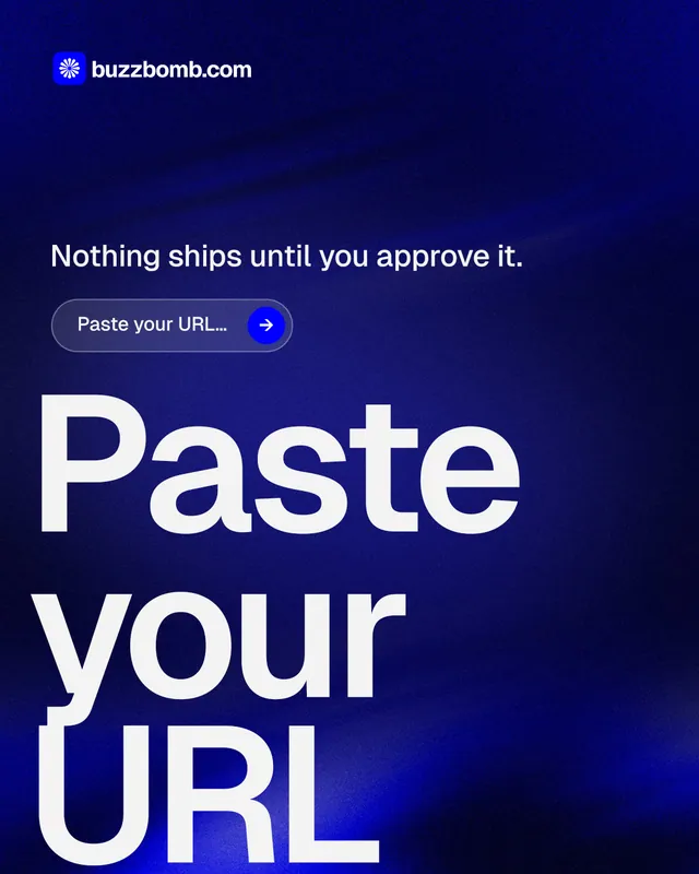 Instagram portrait post for BuzzBomb: "Paste your URL." Agentic glass style, oversized layout, dark palette in blue.