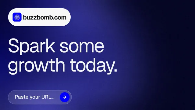 Landscape graphic for BuzzBomb: "Spark some growth today." Agentic glass style, announce layout, dark palette in blue, black.
