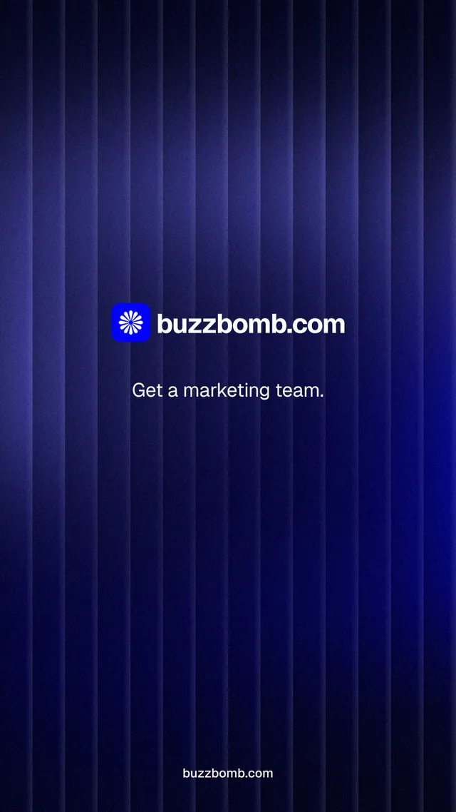 Instagram story for BuzzBomb: "Get a marketing team." Agentic glass style, end card layout, dark palette in black, blue.