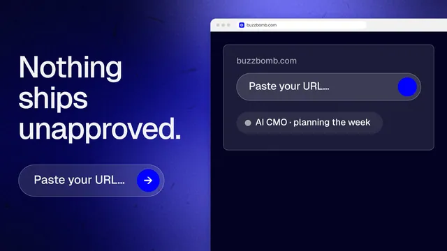 Landscape graphic for BuzzBomb: "Nothing ships unapproved." Agentic glass style, browser layout, dark palette in black, blue.