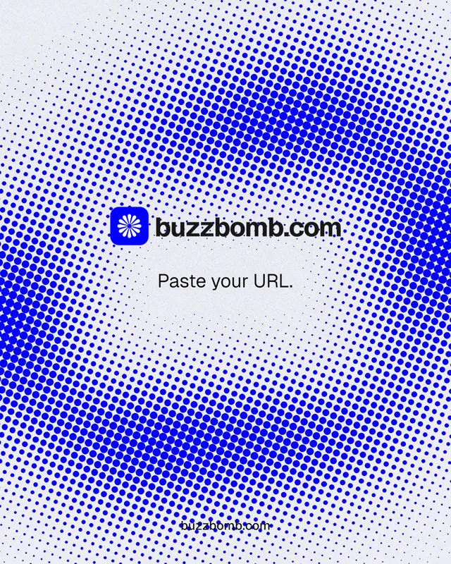Instagram portrait post for BuzzBomb: "Paste your URL." Swiss style, end card layout, light palette in blue, white.