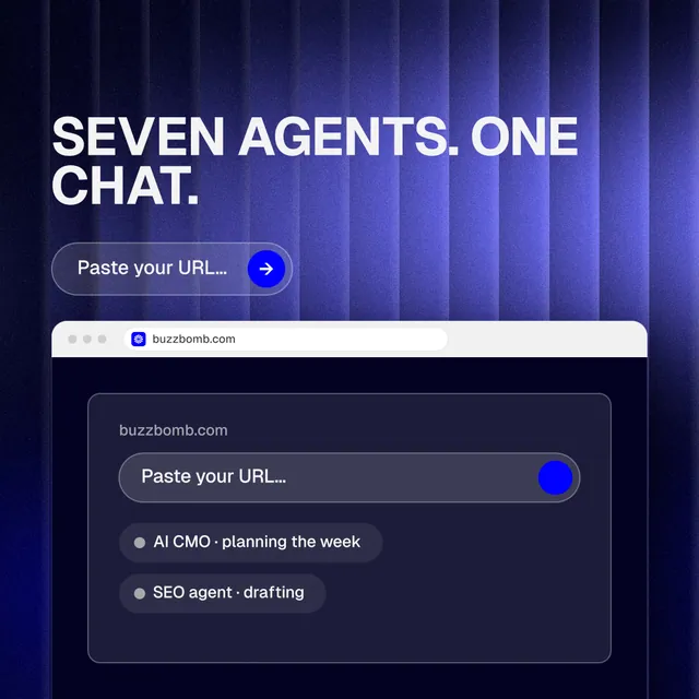 Instagram post for BuzzBomb: "Seven agents. One chat." Agentic glass style, browser layout, dark palette in blue, black.