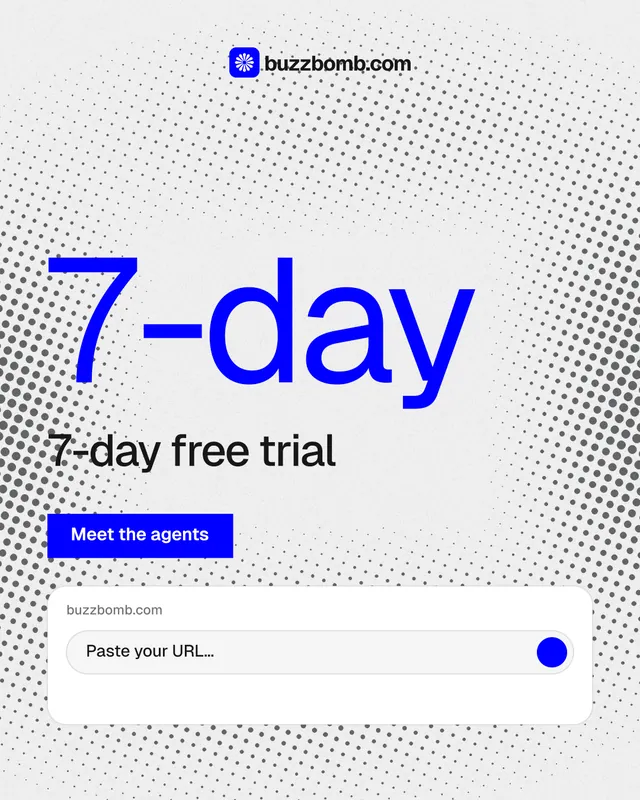 Instagram portrait post for BuzzBomb: "Spark some growth today." Swiss style, stat layout, light palette in white, blue.