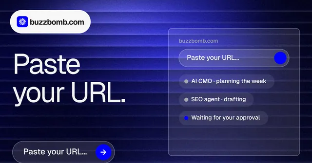 Social ad for BuzzBomb: "Paste your URL." Agentic glass style, bottom layout, dark palette in black, blue.