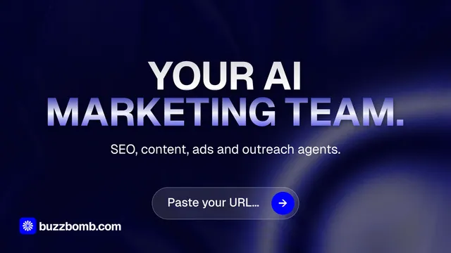 Landscape graphic for BuzzBomb: "Your AI marketing team." Agentic glass style, centred layout, dark palette in black, blue, grey.