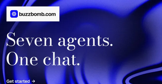 Social ad for BuzzBomb: "Seven agents. One chat." Minimal luxury style, announce layout, dark palette in blue.