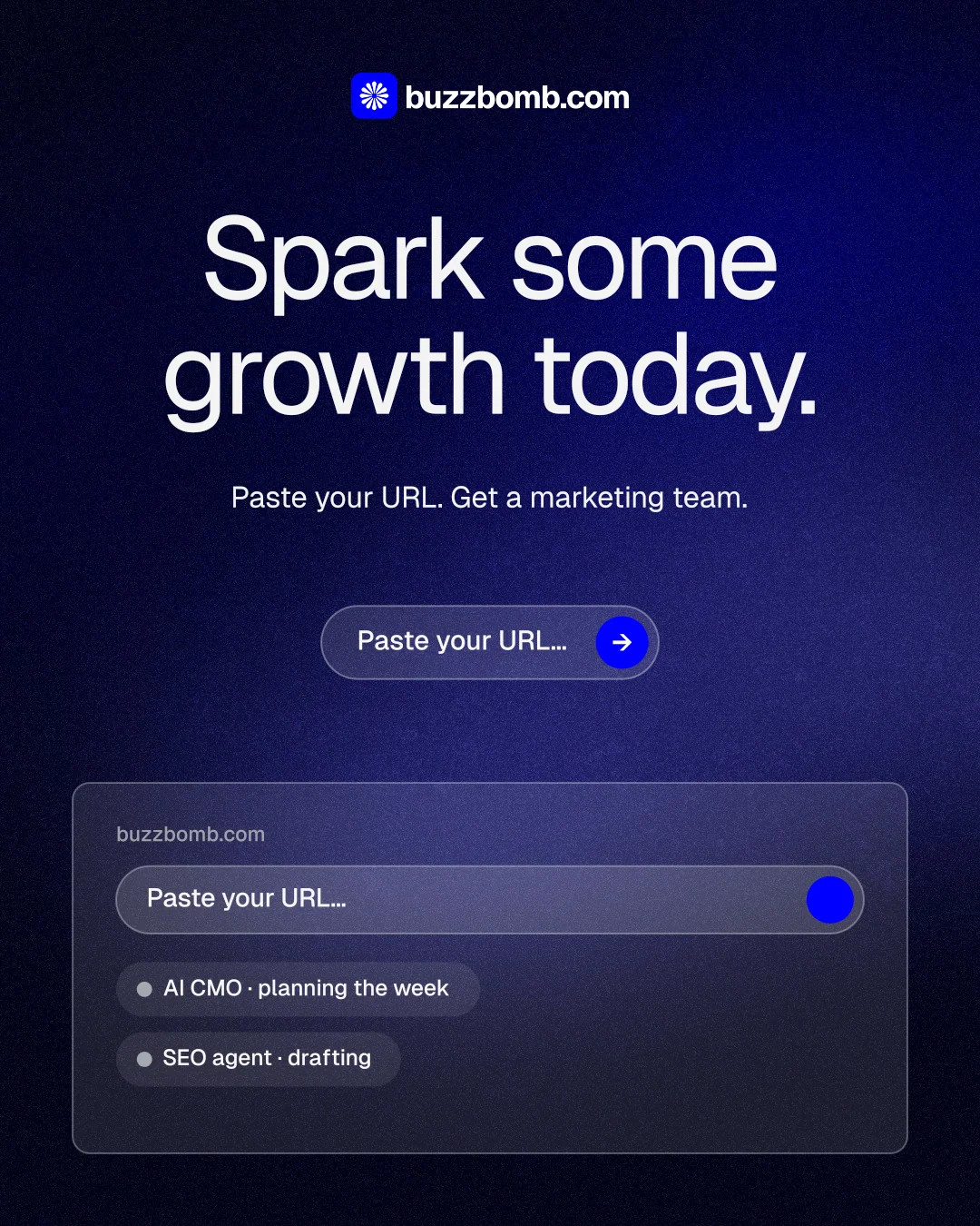 Instagram portrait post for BuzzBomb: "Spark some growth today." Agentic glass style, centred layout, dark palette in blue, black.