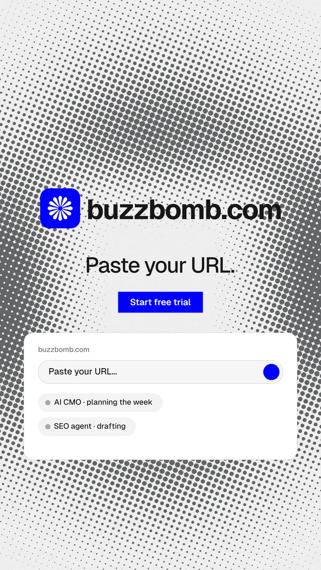 Instagram story for BuzzBomb: "Paste your URL." Swiss style, logo hero layout, light palette in grey, white.