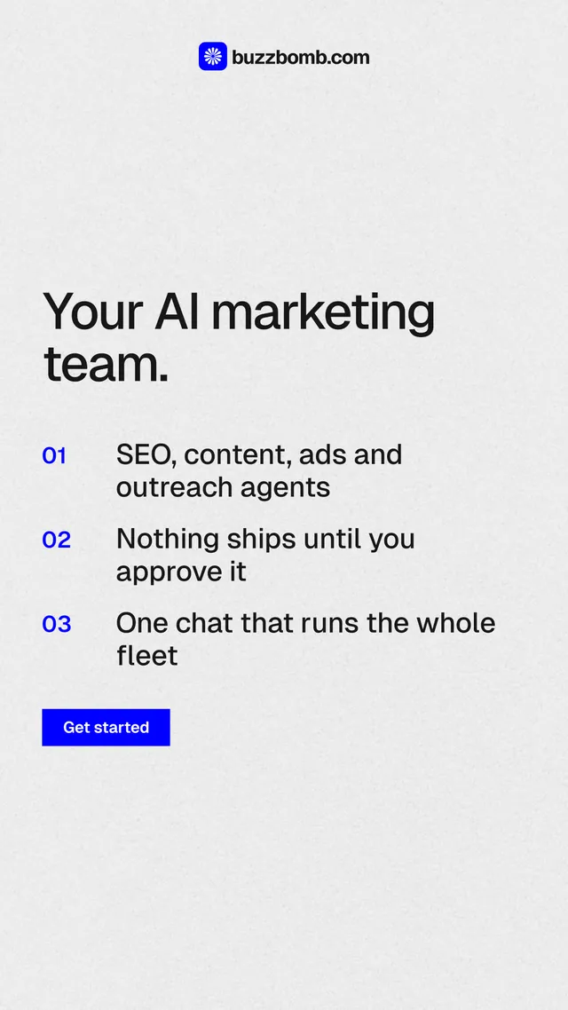 Instagram story for BuzzBomb: "Your AI marketing team." Swiss style, numbered layout, light palette in white, grey.