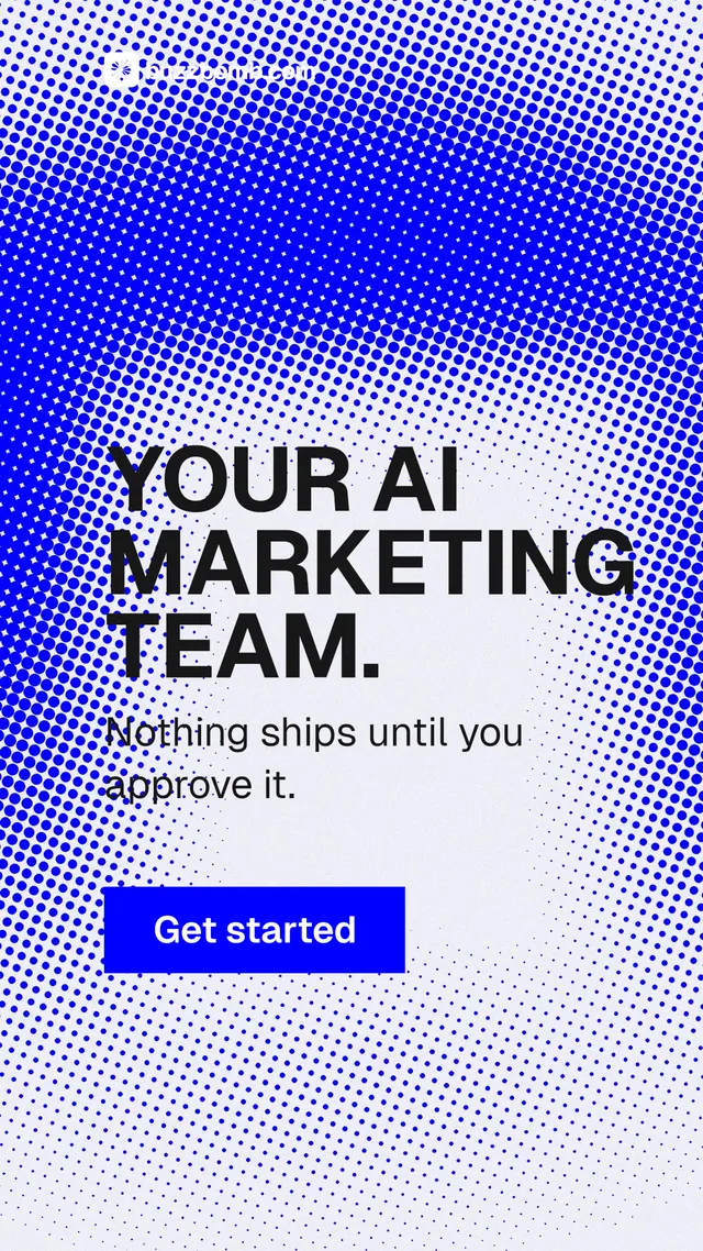 Instagram story for BuzzBomb: "Your AI marketing team." Swiss style, skeleton layout, light palette in blue, white.