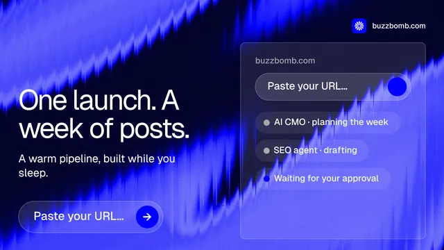 Landscape graphic for BuzzBomb: "One launch. A week of posts." Agentic glass style, bottom layout, dark palette in blue.