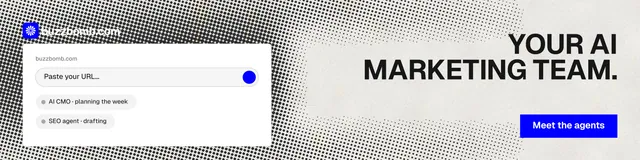 LinkedIn banner for BuzzBomb: "Your AI marketing team." Swiss style, right layout, light palette in white, grey.
